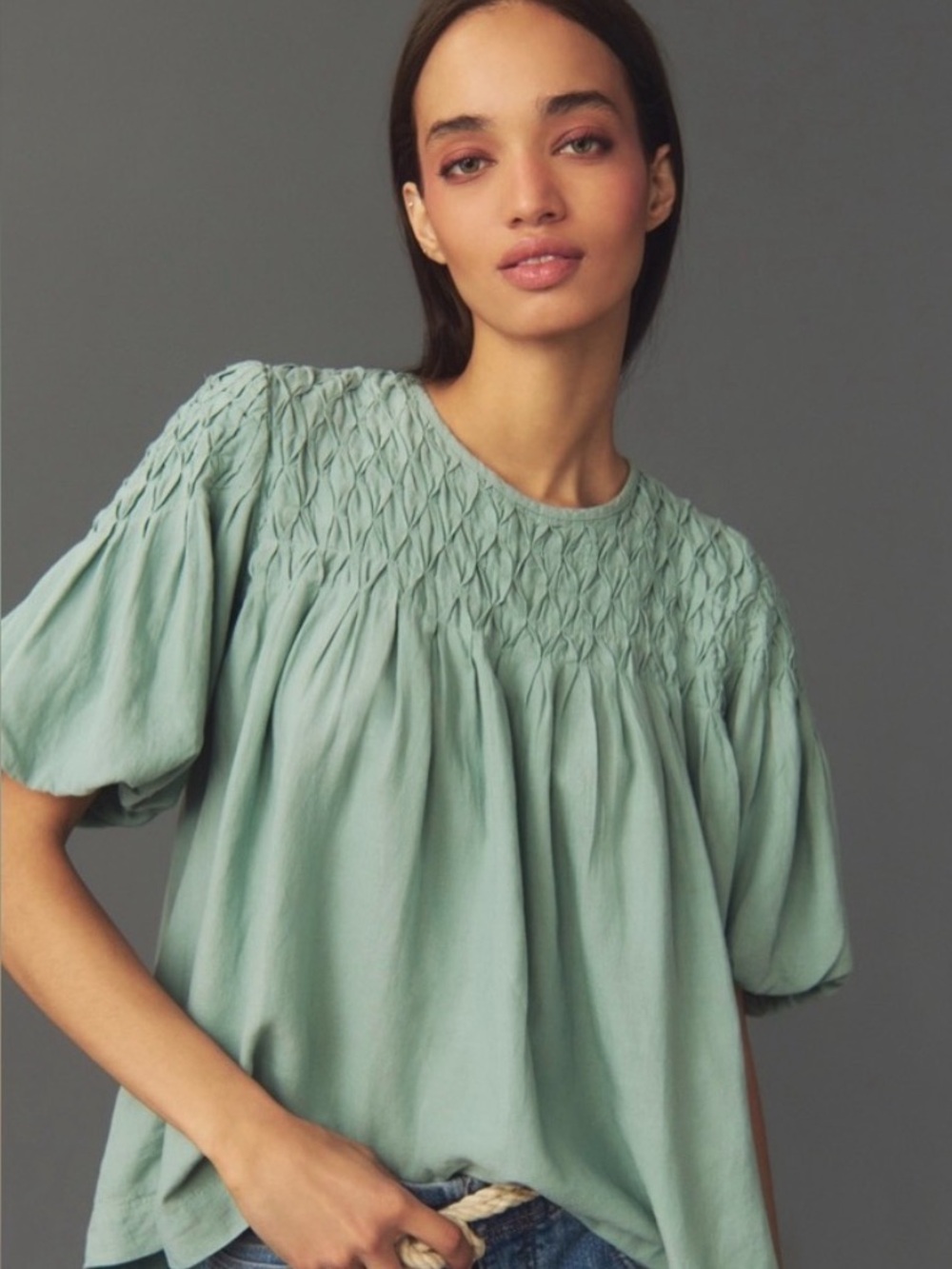 Anthropologie Women's Blue Green the Liza Puff Sleeve Smocked Linen Top Small